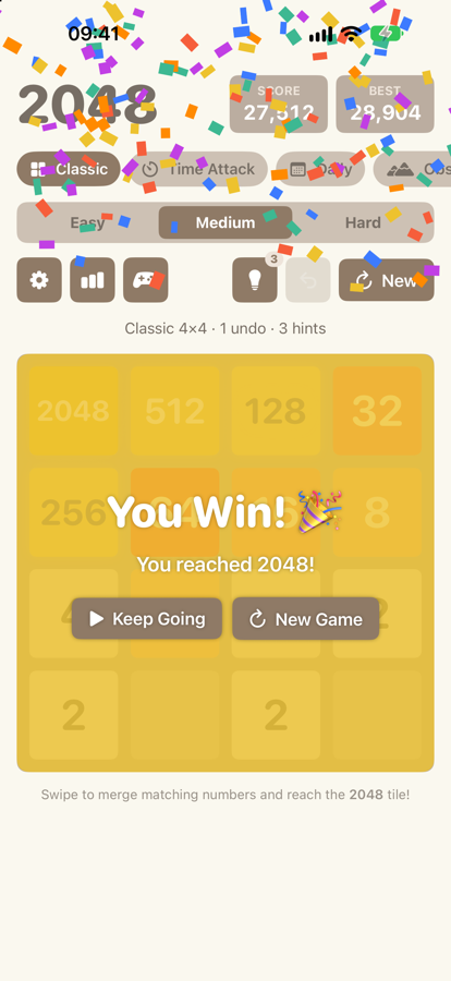 Gewonnen-Bildschirm mit Konfetti bei 2048