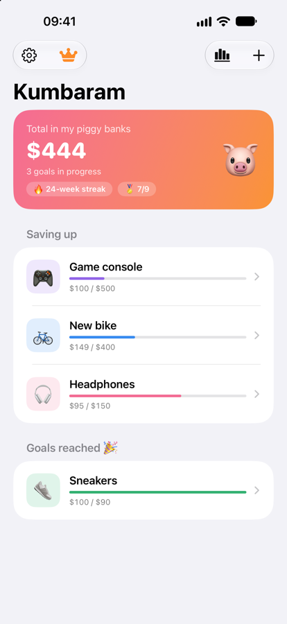 Goal list with weekly streak