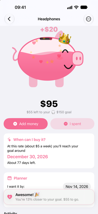 Piggy bank with a crown cheering after a deposit