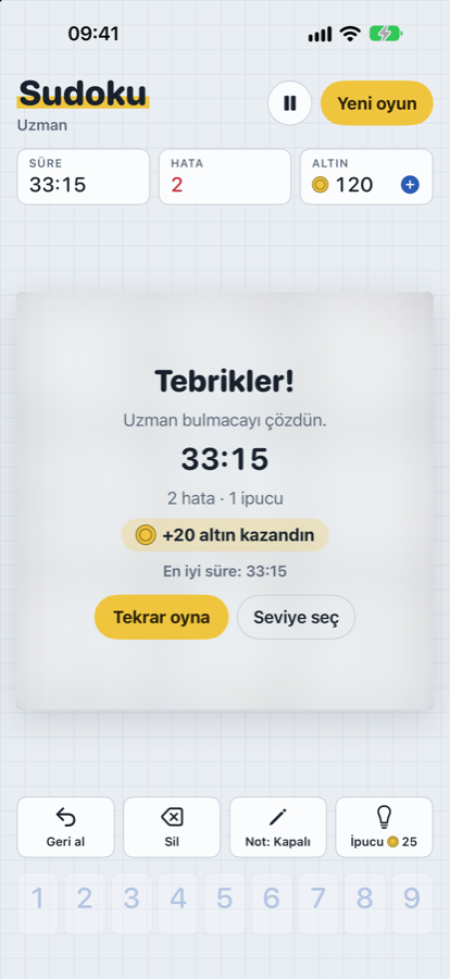 Bulmaca çözüldüğünde tebrikler ekranı